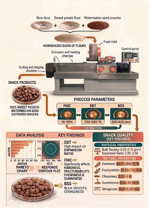 Physical and textural attributes of rice-sweet potato-watermelon seed extruded snacks: influence of extrusion process conditions